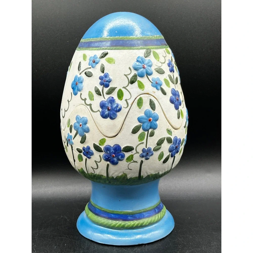 Vtg Hand Painted Ceramic Floral Pedestal Egg Small Taper Candle Holder Blue  8